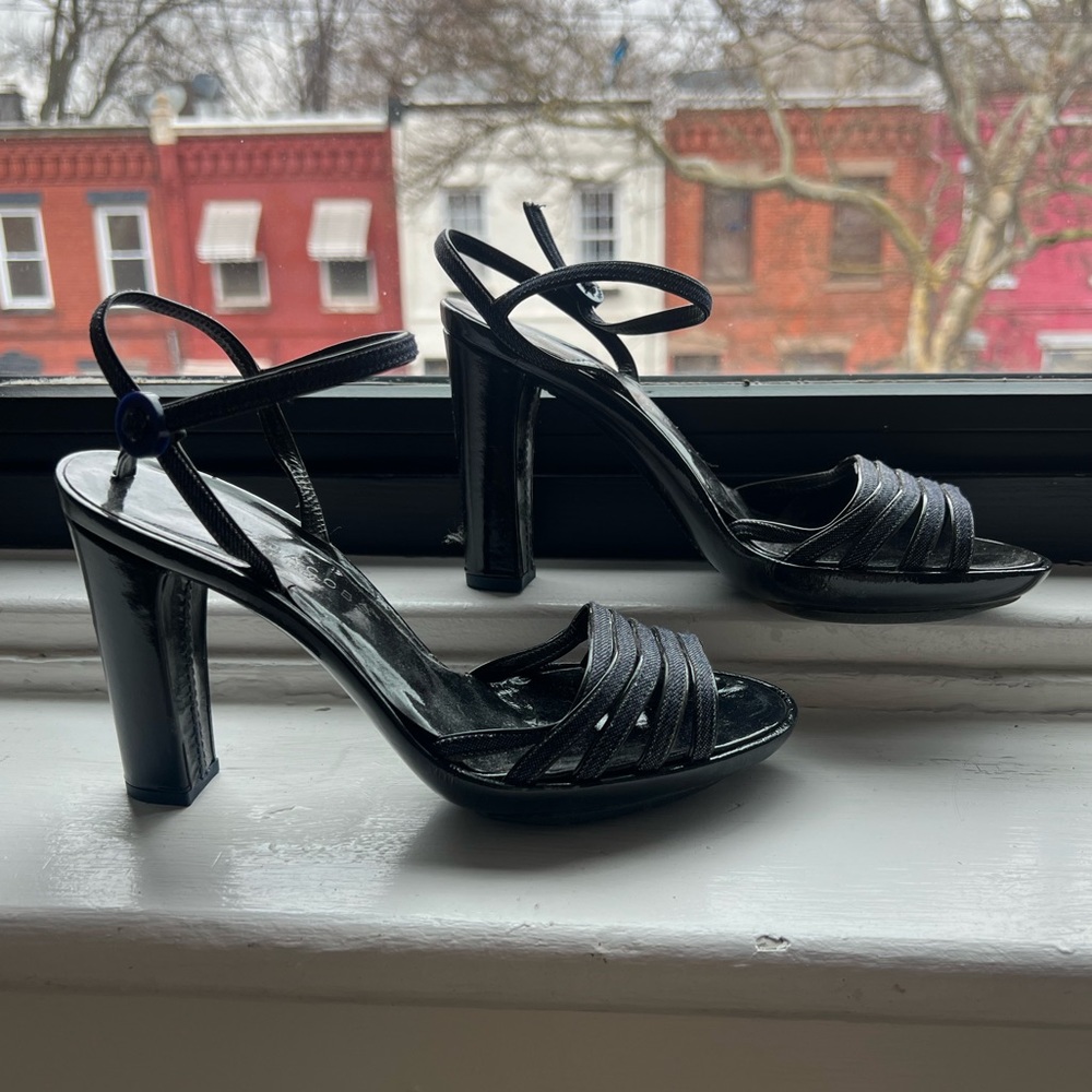 Marc Jacob’s 70s style platform patent and denim sandals